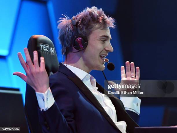 Twitch streamer and professional gamer Tyler "Ninja" Blevins streams during Ninja Vegas '18 at Esports Arena Las Vegas at Luxor Hotel and Casino on...