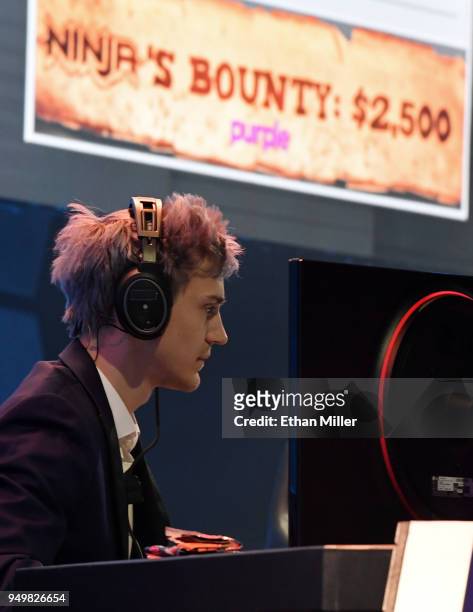 Twitch streamer and professional gamer Tyler "Ninja" Blevins competes during Ninja Vegas '18 at Esports Arena Las Vegas at Luxor Hotel and Casino on...