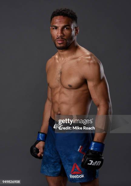 Kevin Lee poses for a portrait backstage after his victory over Edson Barboza during the UFC Fight Night event at the Boardwalk Hall on April 21,...