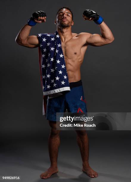 Kevin Lee poses for a portrait backstage after his victory over Edson Barboza during the UFC Fight Night event at the Boardwalk Hall on April 21,...