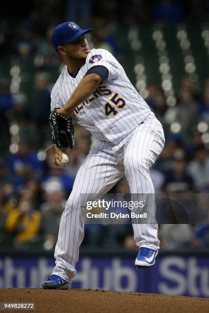 Jhoulys Chacin of the Milwaukee Brewers pitches in the first inning against the Miami Marlins at Miller Park on April 20, 2018 in Milwaukee,...