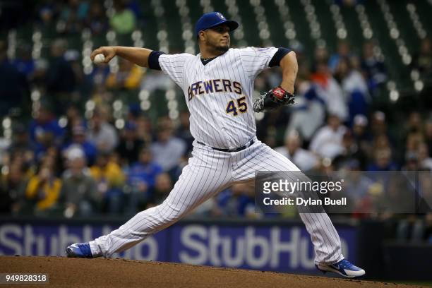 Jhoulys Chacin of the Milwaukee Brewers pitches in the first inning against the Miami Marlins at Miller Park on April 20, 2018 in Milwaukee,...