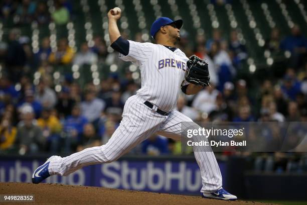 Jhoulys Chacin of the Milwaukee Brewers pitches in the first inning against the Miami Marlins at Miller Park on April 20, 2018 in Milwaukee,...