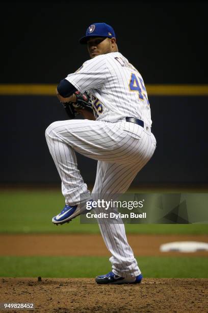 Jhoulys Chacin of the Milwaukee Brewers pitches in the fourth inning against the Miami Marlins at Miller Park on April 20, 2018 in Milwaukee,...