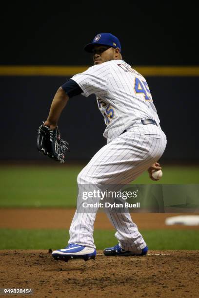 Jhoulys Chacin of the Milwaukee Brewers pitches in the fourth inning against the Miami Marlins at Miller Park on April 20, 2018 in Milwaukee,...