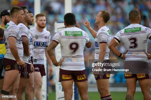 Daly Cherry-Evans of Manly speaks to team mates during the round seven NRL match between the Parramatta Eels and the Manly Sea Eagles at ANZ Stadium...