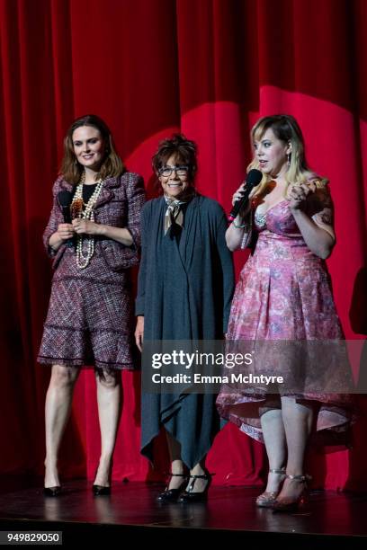 Actress Emily Deschanel, Mindy Sterling, and Kirsten Vangsness attend 'CATstravaganza featuring Hamilton's Cats' on April 21, 2018 in Hollywood,...