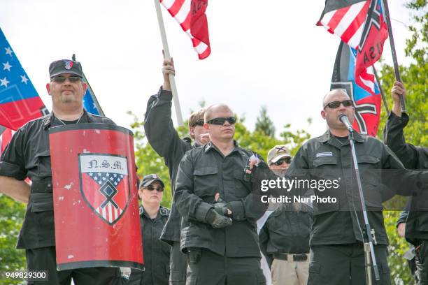 Neo-Nazi gives a speech during a National Socialist Movement rally at Greenville Street Park in Newnan, Georgia, USA on April 21, 2018
