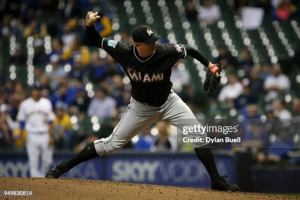 Brad Ziegler of the Miami Marlins pitches in the eighth inning against the Milwaukee Brewers at Miller Park on April 20, 2018 in Milwaukee,...