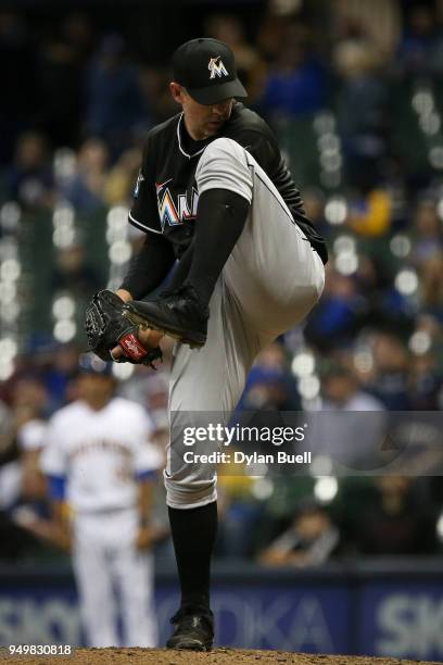 Brad Ziegler of the Miami Marlins pitches in the eighth inning against the Milwaukee Brewers at Miller Park on April 20, 2018 in Milwaukee,...