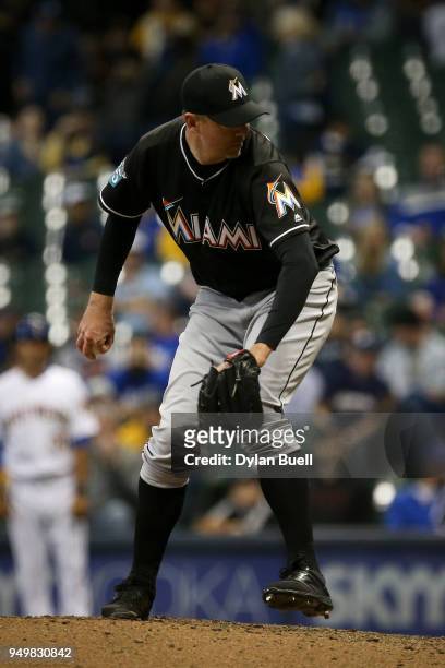 Brad Ziegler of the Miami Marlins pitches in the eighth inning against the Milwaukee Brewers at Miller Park on April 20, 2018 in Milwaukee,...