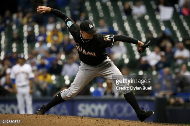 Brad Ziegler of the Miami Marlins pitches in the eighth inning against the Milwaukee Brewers at Miller Park on April 20, 2018 in Milwaukee,...