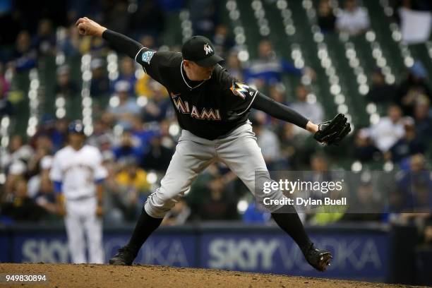 Brad Ziegler of the Miami Marlins pitches in the eighth inning against the Milwaukee Brewers at Miller Park on April 20, 2018 in Milwaukee,...