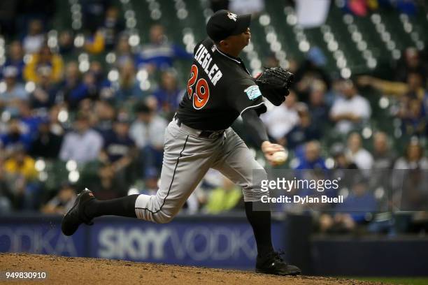 Brad Ziegler of the Miami Marlins pitches in the eighth inning against the Milwaukee Brewers at Miller Park on April 20, 2018 in Milwaukee,...