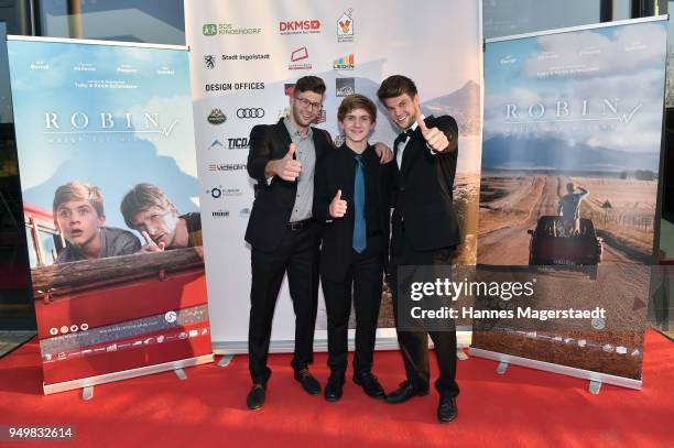 Kevin Schmutzler, Aiden Flowers and Tobias Schmutzler attend 'Robin: Watch for Wishes' premiere at Cinestar on April 21, 2018 in Ingolstadt, Germany.