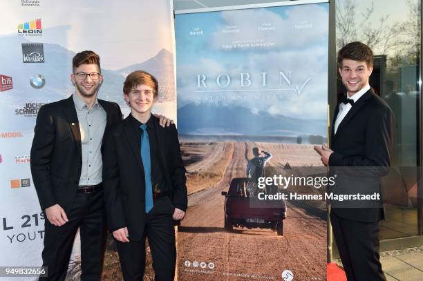 Kevin Schmutzler, Aiden Flowers and Tobias Schmutzler attend 'Robin: Watch for Wishes' premiere at Cinestar on April 21, 2018 in Ingolstadt, Germany.