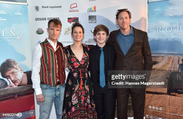 Actor Jeff Burrell, Leni Speidel, Aiden Flowers and Clayton Nemrow attend 'Robin: Watch for Wishes' premiere at Cinestar on April 21, 2018 in...
