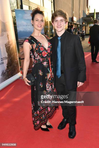 Actress Leni Speidel and Aiden Flowers attend 'Robin: Watch for Wishes' premiere at Cinestar on April 21, 2018 in Ingolstadt, Germany.