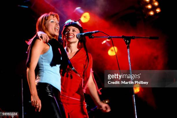 Kylie Minogue and her sister Danni Minogue perform on stage as part of the Mushroom Records 25th anniversary Telstra Concert of the Century at...