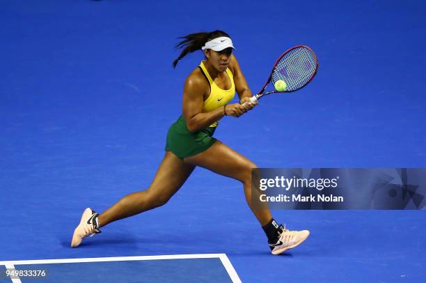 Destanee Aiava of Australia plays a backhand in hermatch with Daria Gavrilova of Australia against Lesley Kerkhove and Demi Schuurs of the...