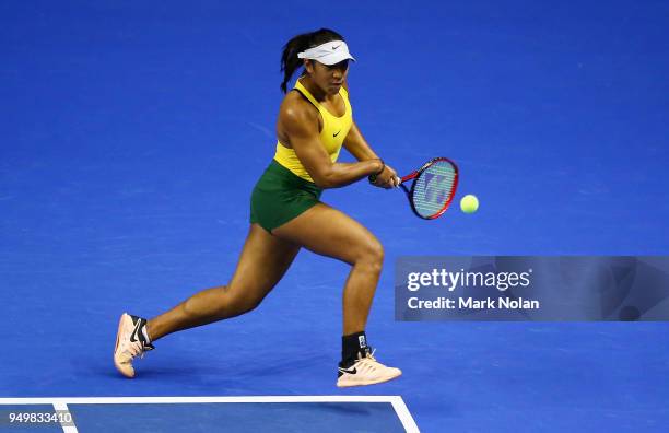 Destanee Aiava of Australia plays a backhand in hermatch with Daria Gavrilova of Australia against Lesley Kerkhove and Demi Schuurs of the...