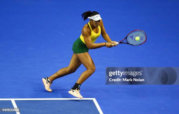 Destanee Aiava of Australia plays a backhand in hermatch with Daria Gavrilova of Australia against Lesley Kerkhove and Demi Schuurs of the...