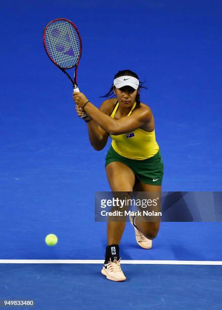 Destanee Aiava of Australia plays a backhand in hermatch with Daria Gavrilova of Australia against Lesley Kerkhove and Demi Schuurs of the...