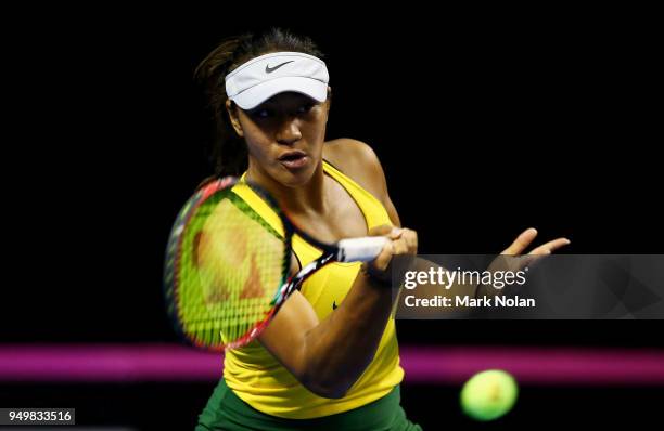 Destanee Aiava of Australia plays a forehand in hermatch with Daria Gavrilova of Australia against Lesley Kerkhove and Demi Schuurs of the...