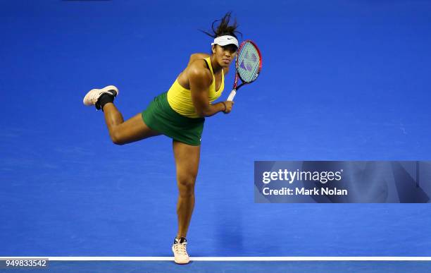 Destanee Aiava of Australia serves in her match with Daria Gavrilova of Australia against Lesley Kerkhove and Demi Schuurs of the Netherlands during...