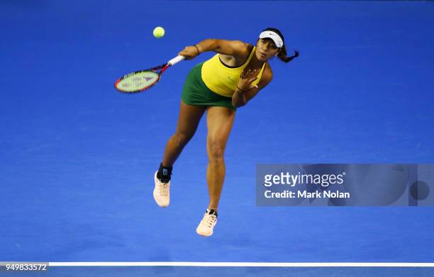 Destanee Aiava of Australia serves in her match with Daria Gavrilova of Australia against Lesley Kerkhove and Demi Schuurs of the Netherlands during...