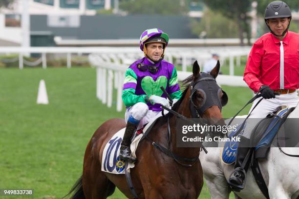 Jockey Douglas Whyte riding Gracious Ryder wins Race 4 Nurturing Talent Handicap at Sha Tin racecourse on April 21 , 2018 in Hong Kong.