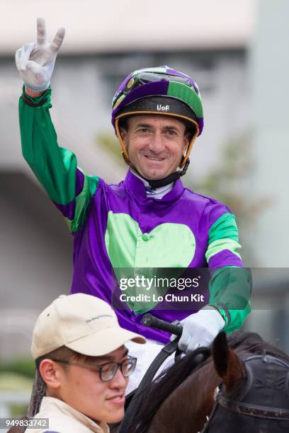 Jockey Douglas Whyte riding Gracious Ryder wins Race 4 Nurturing Talent Handicap at Sha Tin racecourse on April 21 , 2018 in Hong Kong.