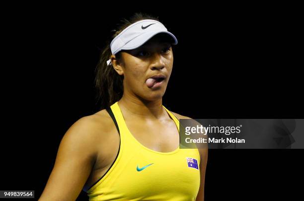 Destanee Aiava of Australia reacts after a point in her match with Daria Gavrilova of Australia against Lesley Kerkhove and Demi Schuurs of the...