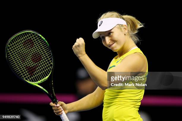 Daria Gavrilova of Australia celebrates a point in a doubles match with Destanee Aiava of Australia against Lesley Kerkhove and Demi Schuurs of the...