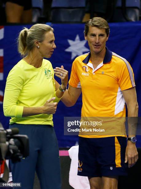 Australian captain Alicia Molik and Netherlands captain Paul Haarhuis are pictured after the World Group Play-Off Fed Cup tie between Australia and...