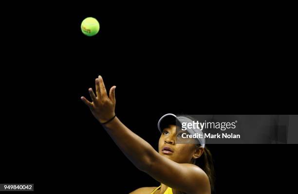 Destanee Aiava of Australia serves in the doubles match with Daria Gavrilova of Australia against Lesley Kerkhove and Demi Schuurs of the Netherlands...
