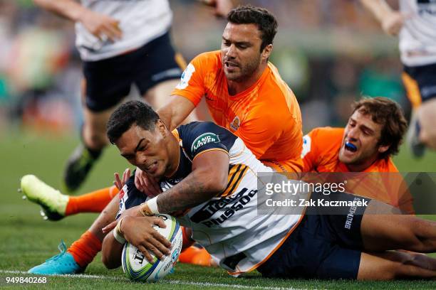 Chance Peni of the Brumbies scores a try during the round 10 Super Rugby match between the Brumbies and the Jaguares at University of Canberra...