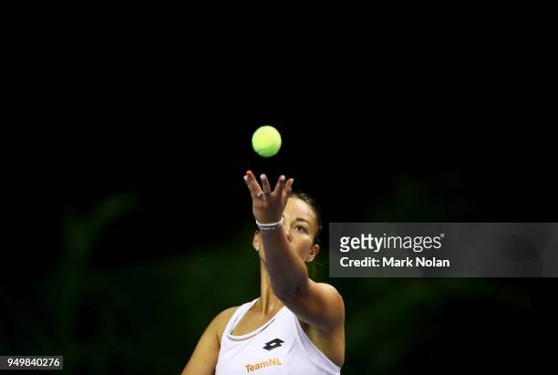 Lesley Kerkhove of the Netherlands serves in the doubles match with Demi Schuurs against Destanee Aiava and Daria Gavrilova of Australia during the...