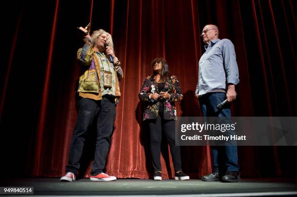 Jeff Dowd, Chaz Ebert, and Nate Kohn attend the Roger Ebert Film Festival on Day four at the Virginia Theatre on April 21, 2018 in Champaign,...