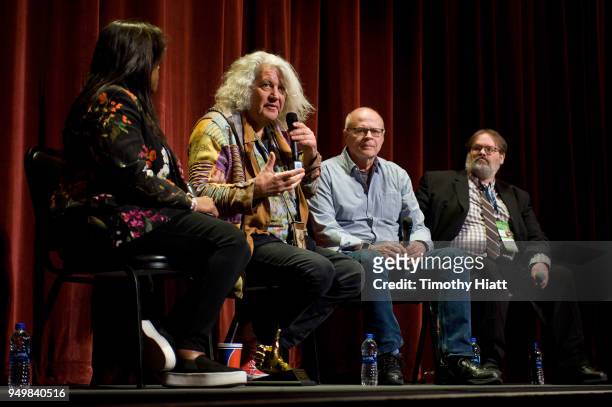 Chaz Ebert, Jeff Dowd, Nate Kohn, and Peter Sobczynski attend the Roger Ebert Film Festival on Day four at the Virginia Theatre on April 21, 2018 in...