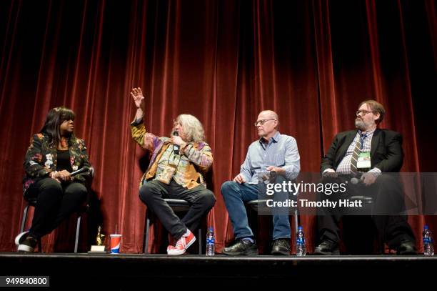 Chaz Ebert, Jeff Dowd, Nate Kohn, and Peter Sobczynski attend the Roger Ebert Film Festival on Day four at the Virginia Theatre on April 21, 2018 in...