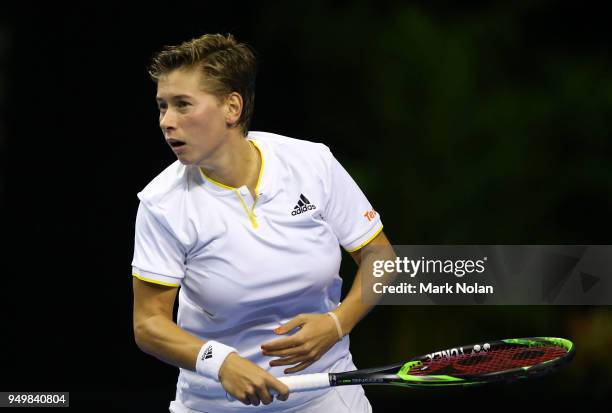 Demi Schuurs of the Netherlands plays a forehand in the doubles match with Lesley Kerkhove against Destanee Aiava and Daria Gavrilova of Australia...