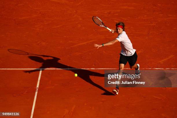 Alexander Zverev of Germany in action against Kei Nishikori of Japan during day seven of the ATP Masters Series Monte Carlo Rolex Masters at...