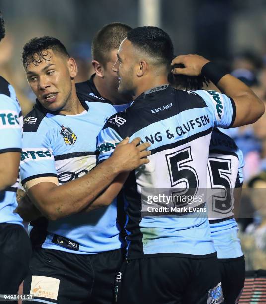 Jesse Ramien of the Sharks celebrates his try with team matesduring the round seven NRL match between the Cronulla Sharks and the Penrith Panthers at...