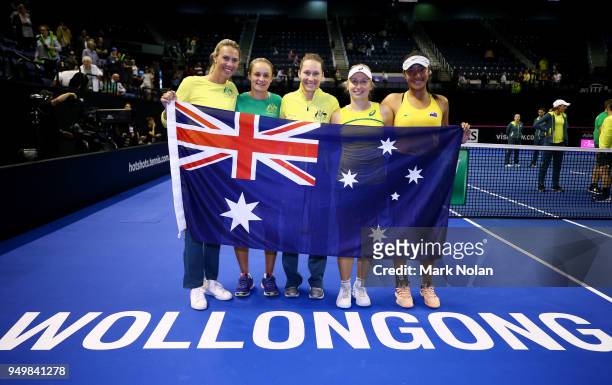 The Australian team pose for a photo after the World Group Play-Off Fed Cup tie between Australia and the Netherlands at the Wollongong Entertainment...