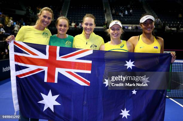 The Australian team pose for a photo after the World Group Play-Off Fed Cup tie between Australia and the Netherlands at the Wollongong Entertainment...