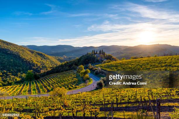 tuscany landscape at sunset. greve in chianti, florence, tuscany - florence italy stock pictures, royalty-free photos & images