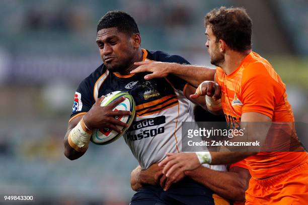 Isi Naisarani of the Brumbies runs with the ball during the round 10 Super Rugby match between the Brumbies and the Jaguares at University of...