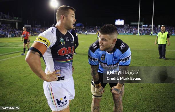 Trent Merrin of the Panthers and Josh Dugan of the Sharks talk after the round seven NRL match between the Cronulla Sharks and the Penrith Panthers...