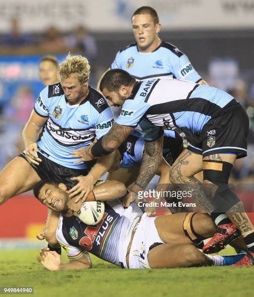 Viliame Kikau of the Panthers is tackled during the round seven NRL match between the Cronulla Sharks and the Penrith Panthers at Southern Cross...